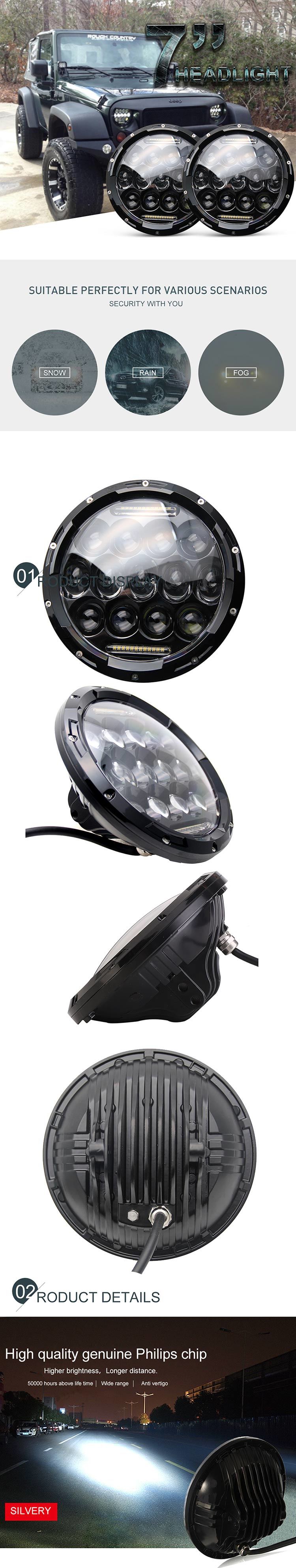 High Power Round Black Silver Round 7 Inch 75W LED Headlamp Light for Jeep Wrangler