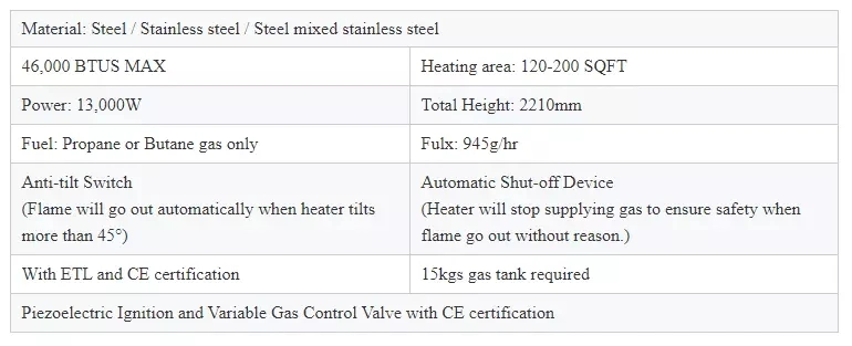 13kw Height-Adjustable Steel Gas Patio Heater for Beer Bar