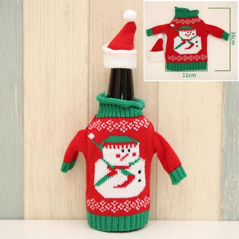 Christmas Dining Table Ornament Knitted Sweaters Wine Bottle Cover Set