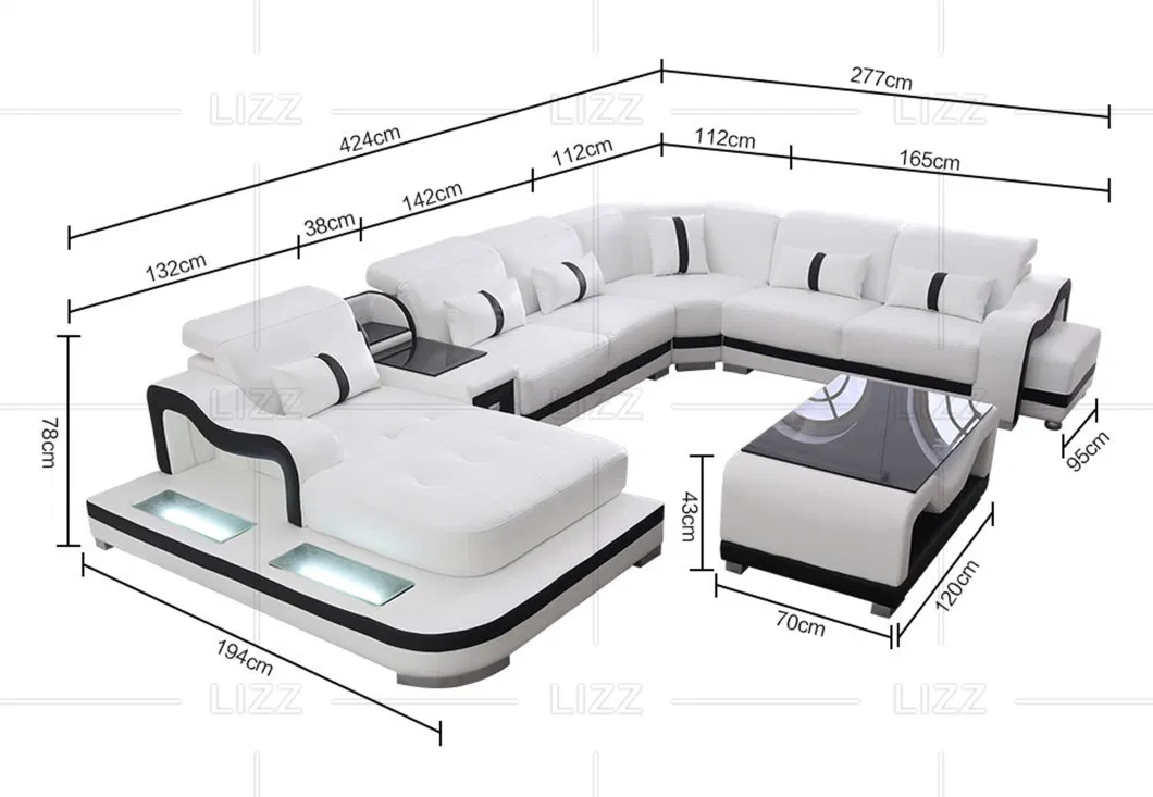 Modern Luxury Italian Design Living Room Furniture LED U Shape Sectional