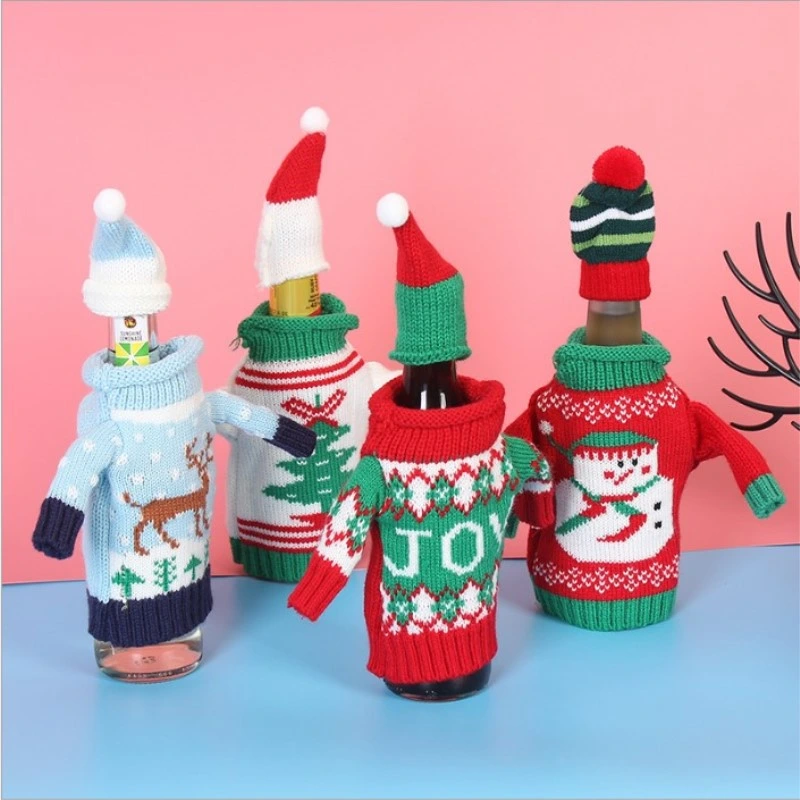 Christmas Dining Table Ornament Knitted Sweaters Wine Bottle Cover Set