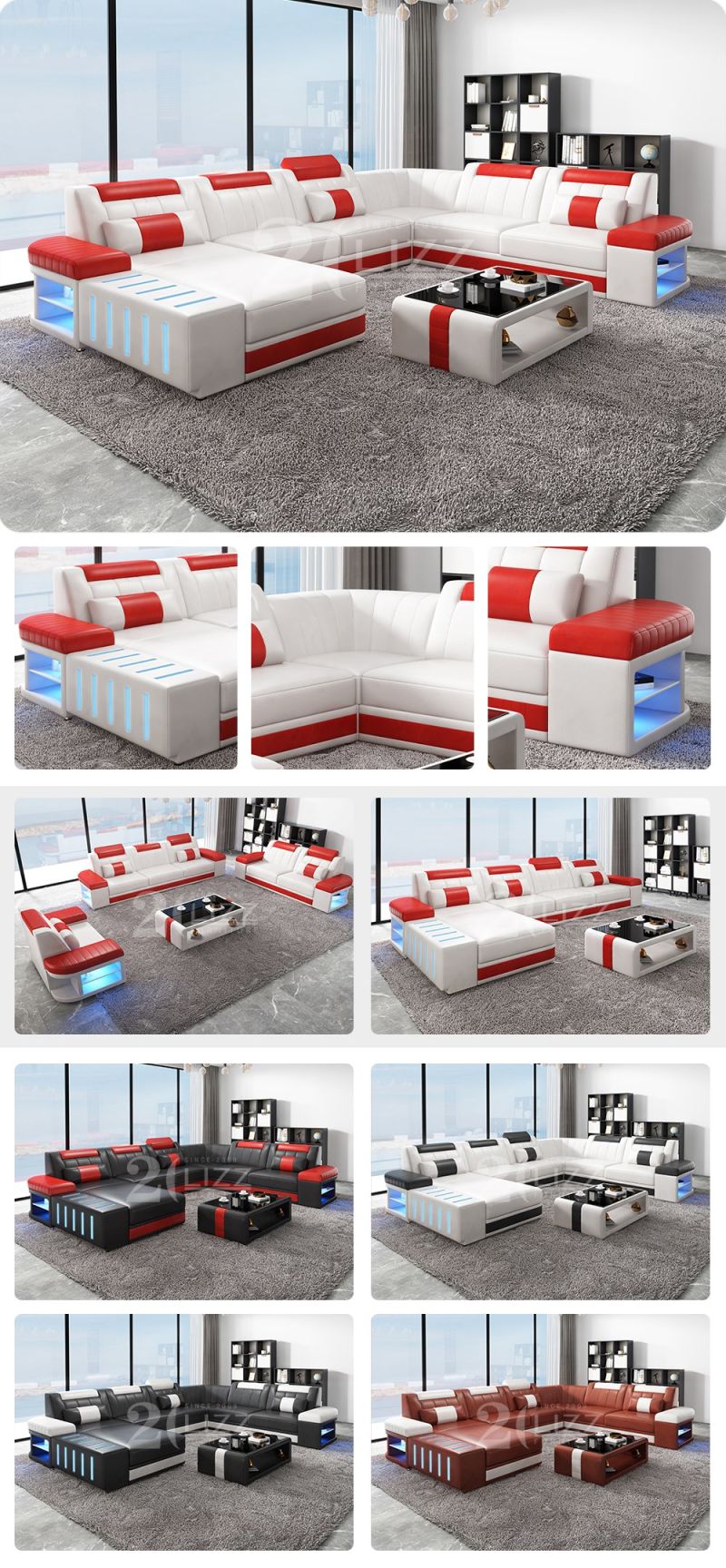 Modern U Shape Sectional Corner Leather Sofa LED Furniture Set