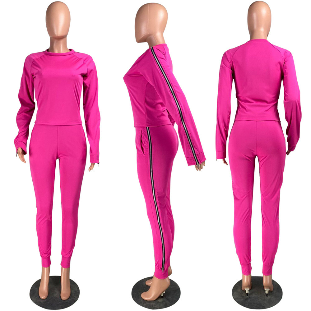 Latest Autumn Fall Women's Clothing Two-Piece Zipper Solid Color Set Piece Pants Set Long Sleeve Two Piece Set Women