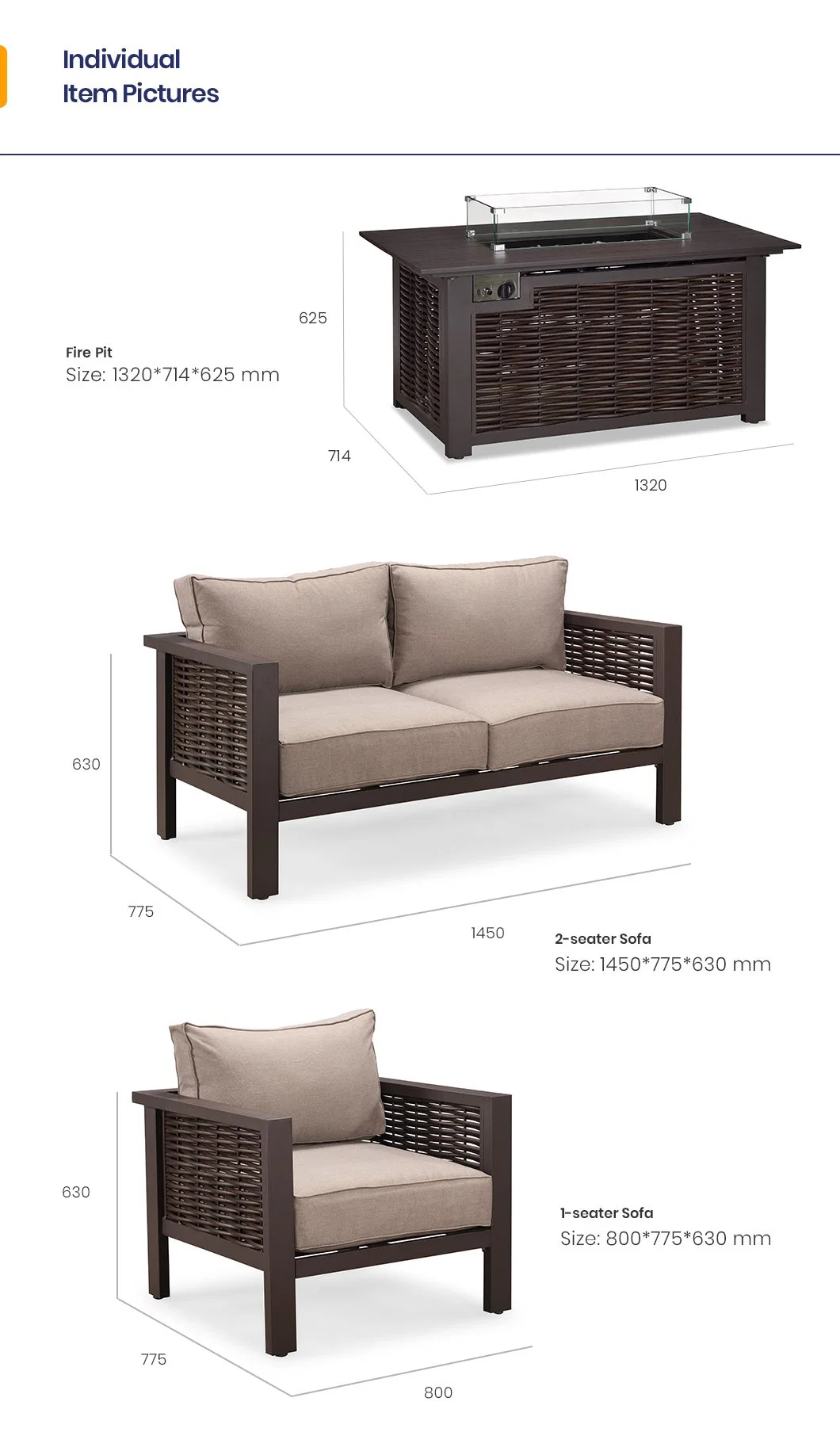 Patio Furniture Convenience Design Aluminum Kd Garden Fire Pit Set with Rattan Sofa