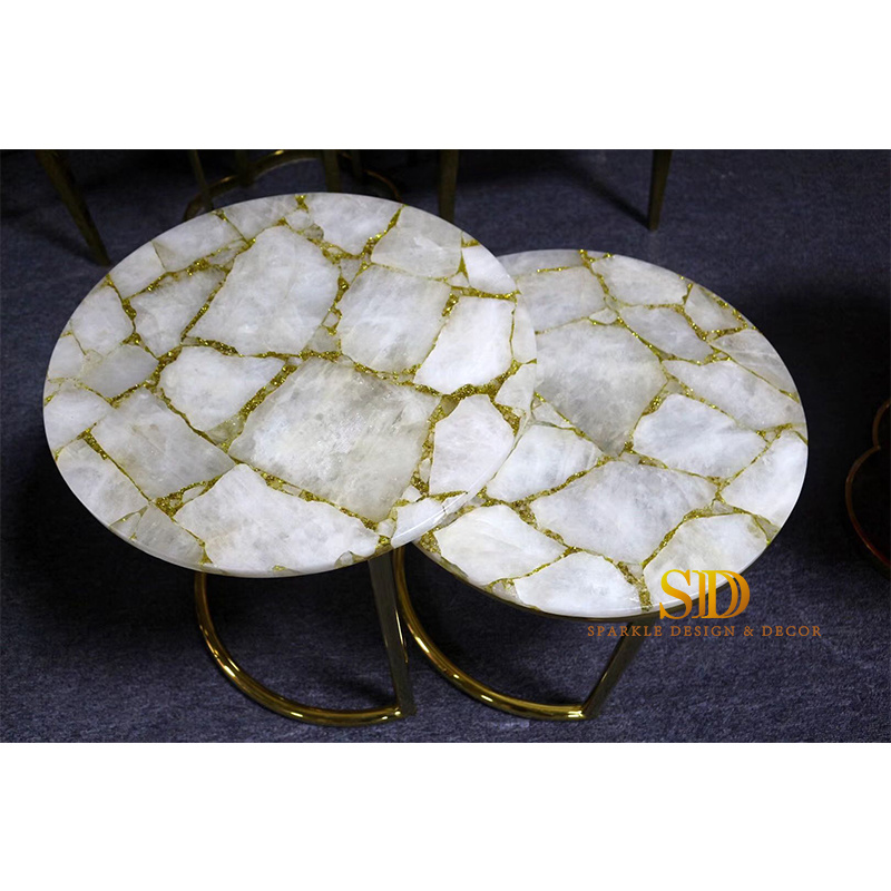 Round Gemstone Bistro Table Classic Quartz/ White Crystal Semi-Precious Stone Table