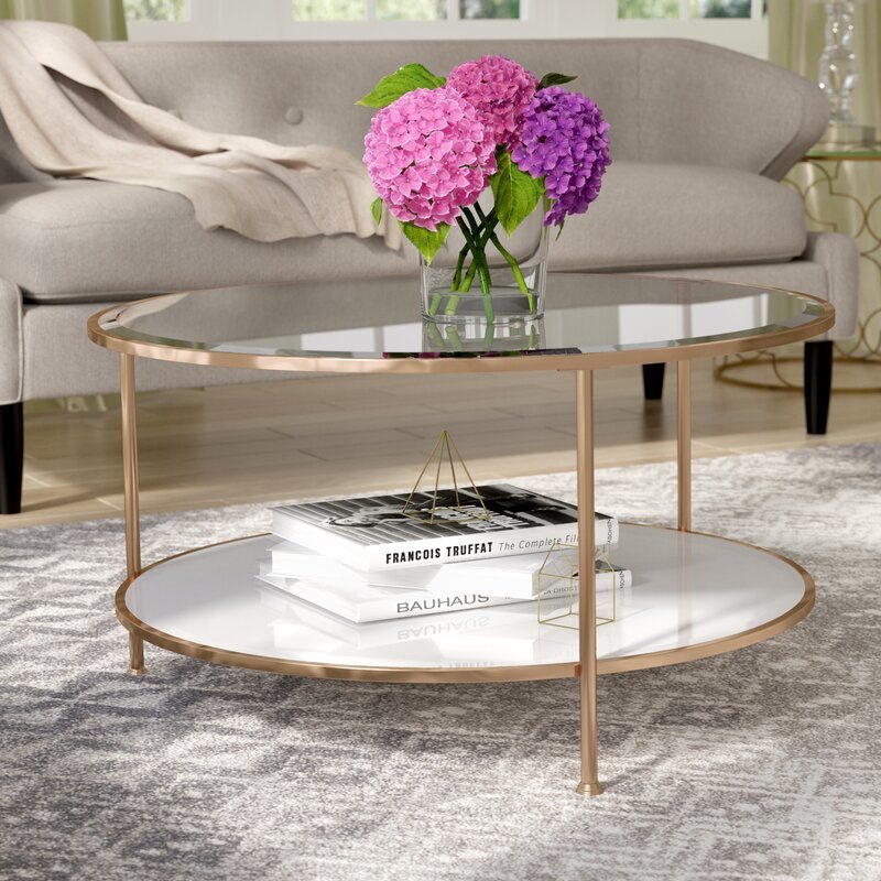 Glass Top Modern Round Wrap Coffee Accent Table with Storage Shelf for Living Room