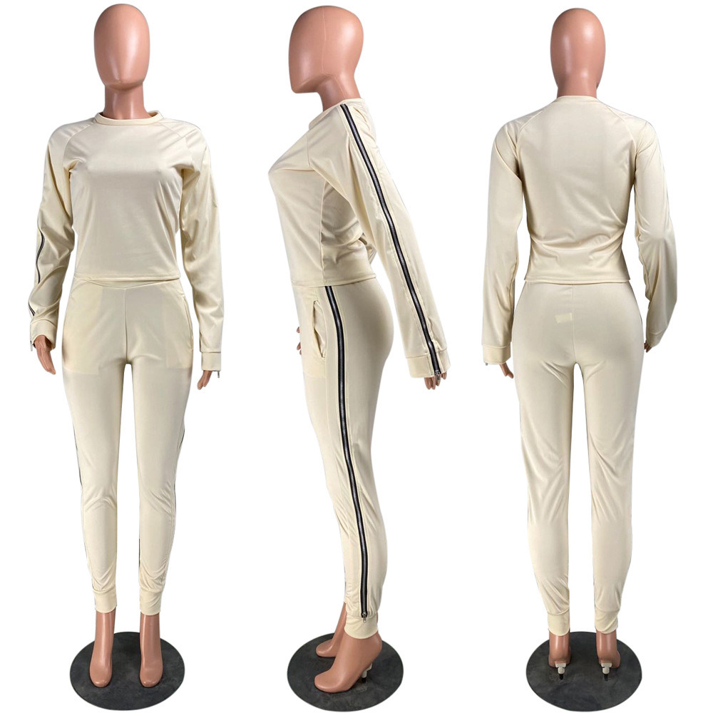 Latest Autumn Fall Women's Clothing Two-Piece Zipper Solid Color Set Piece Pants Set Long Sleeve Two Piece Set Women
