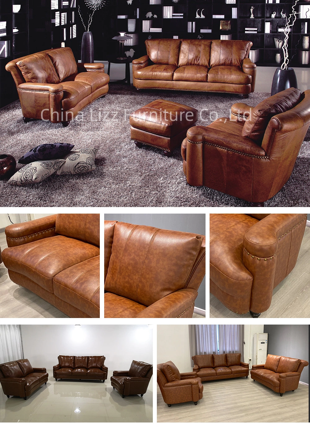 Online Discount Vintage Design Home Living Room Furniture Real Leather Couch