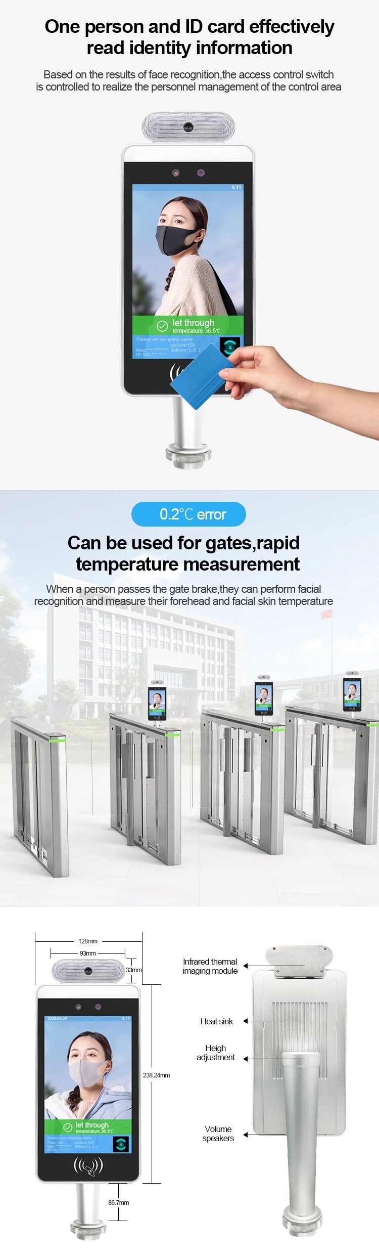 Access Control Turnstile Gate with Temperature Sensor Face Recognition Terminal