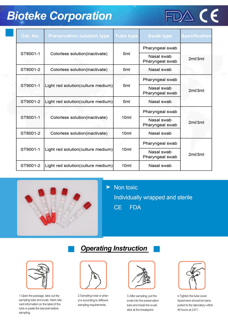 Medical Flocking Swab Kits and Sampling Container for Collecting Virus
