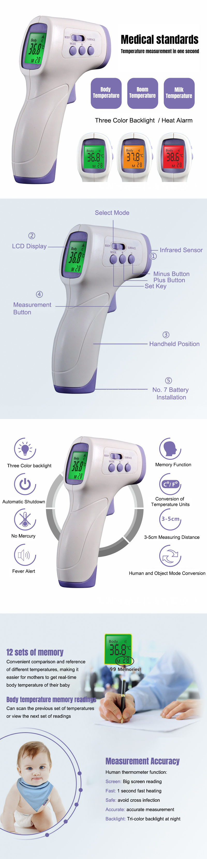 Digital Thermometer IR Infrared Thermometer Non-Contact Temperature Forehead Thermomete