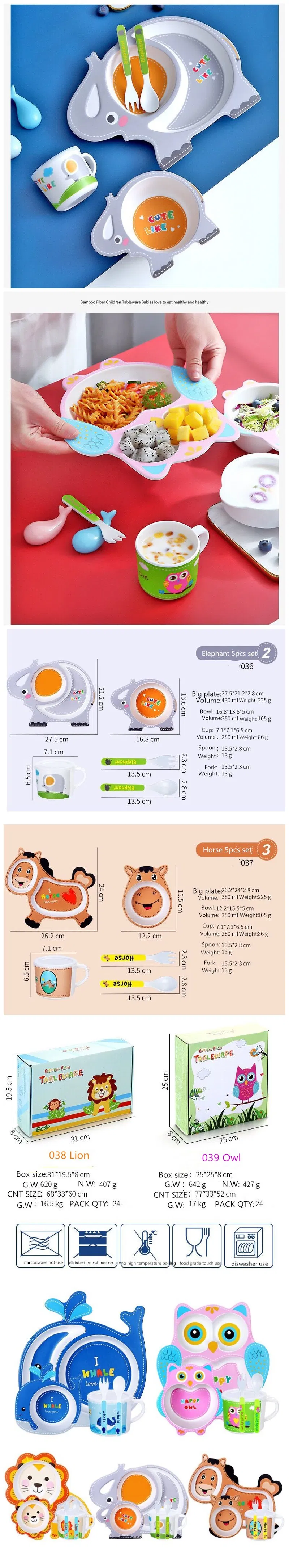 Animal Cartoon Baby Feeding Set, Bamboo Dinnerware for Children