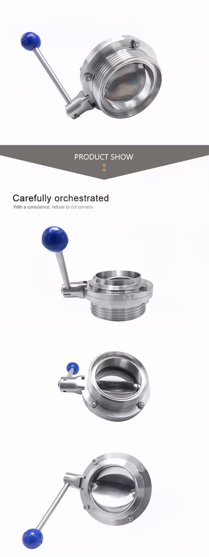 Dn65 AISI304 Sanitation Stainless Steel Butt-Welded-Thread Butterfly Valve with Blue Ball