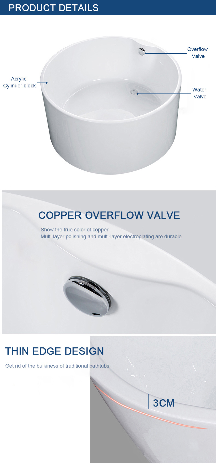 Modern Round Japanese High Acrylic Freestanding Round Acrylic Small Bathtub