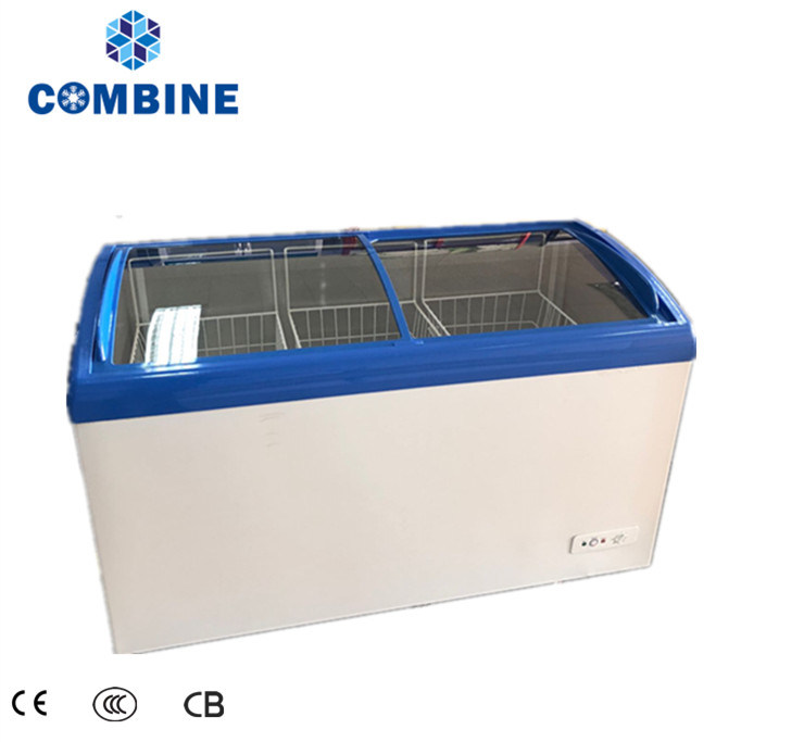 Low Price Commercial Sliding Curved Glass Door Ice Cream Chest Freezer
