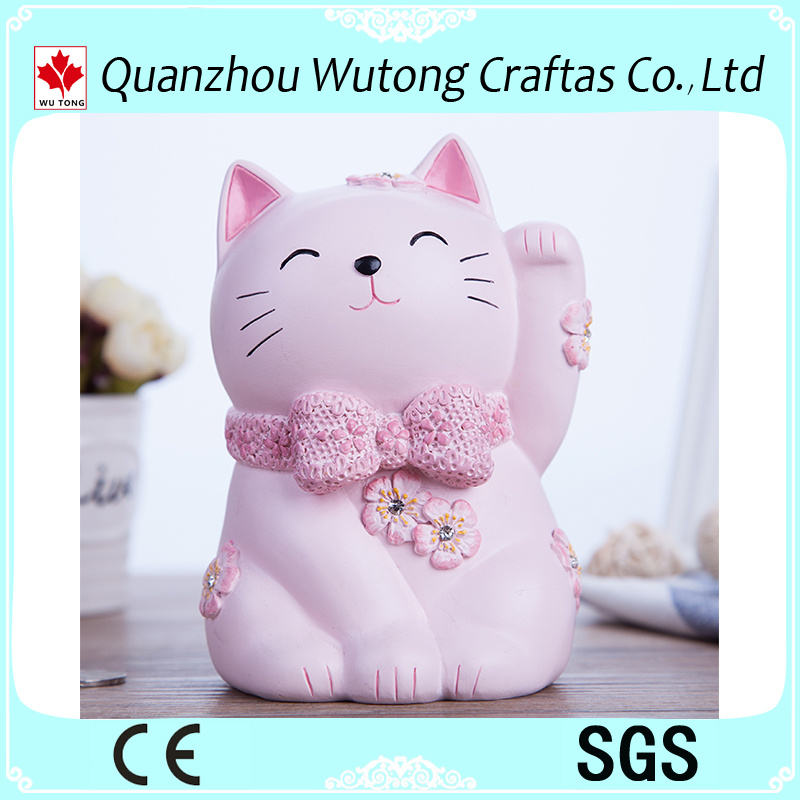 Custom Lucky Cat Pink Resin Coin Bank for Home Decoration