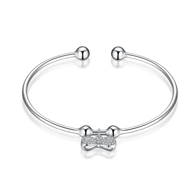 New 925 Sterling Silver Bow Knot Zirconia Cuff Bracelet Bangle Bridal Bracelet