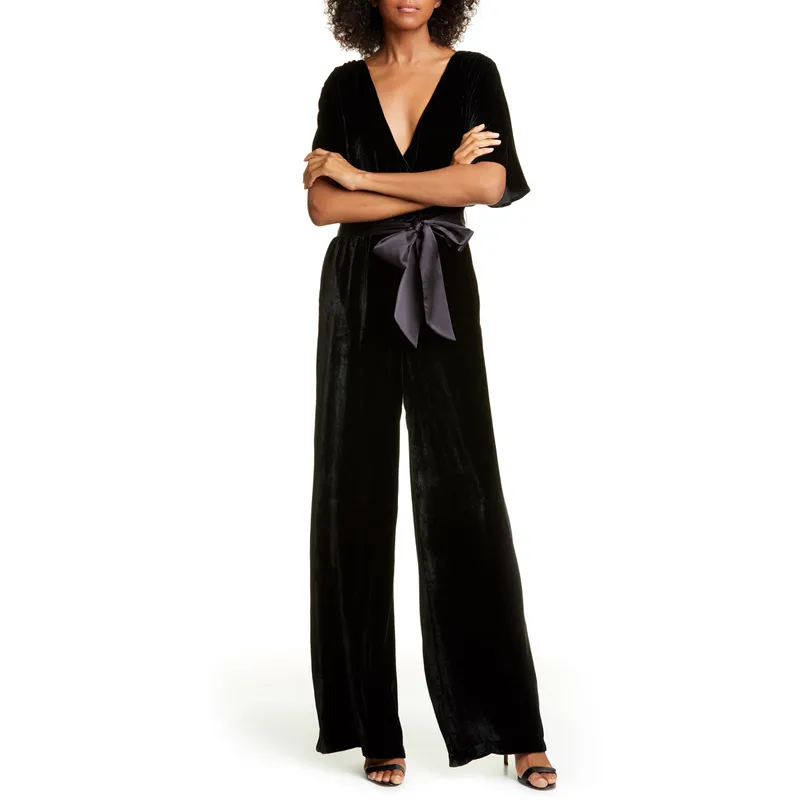 Surplice Plunge Neck Faux Wrap Front Black Velvet Jumpsuit