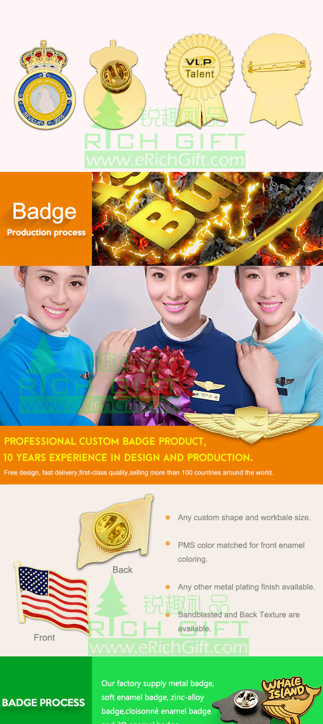 Promotional Gold/Antique Silver Plating Badges with Customized Logo