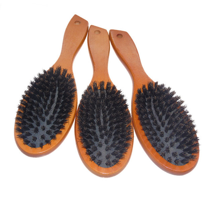 Brown Wooden Handle Paddle Brush, 100% Natural Boar Bristle Hair Brush