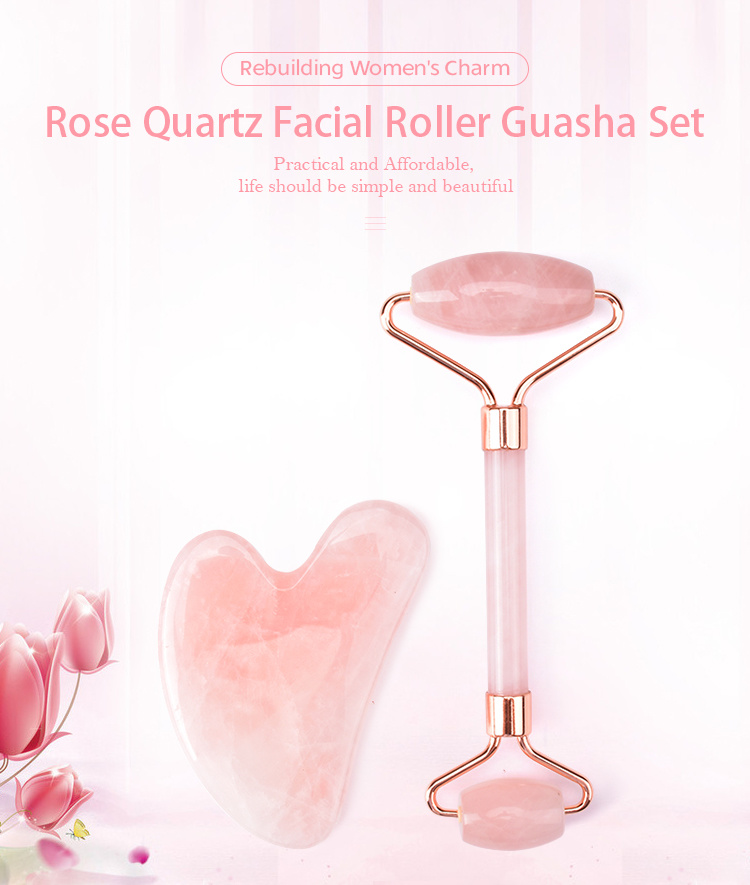 Rose Quartz Face Roller Gua Sha Beauty Massage Rose Jade Roller Set