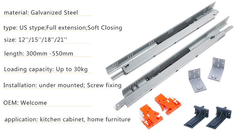 Three Fold Full Extension Undermount Concealed Drawer Slide