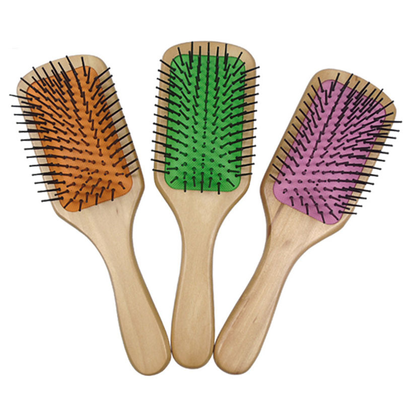 100% Natural Wooden Hair Brush with Colorful Cushion, Ionic Detangling Wooden Hair Brush