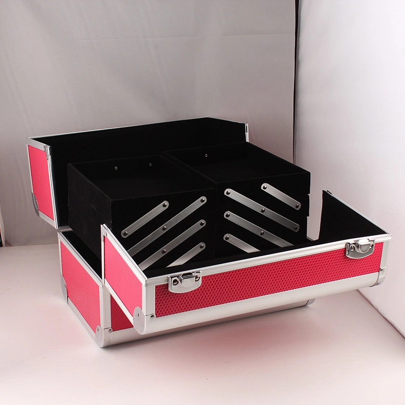 Logo Print Muti-Function Makeup Train Case Professional Aluminum with 6 Tier Tray and Brush Holder