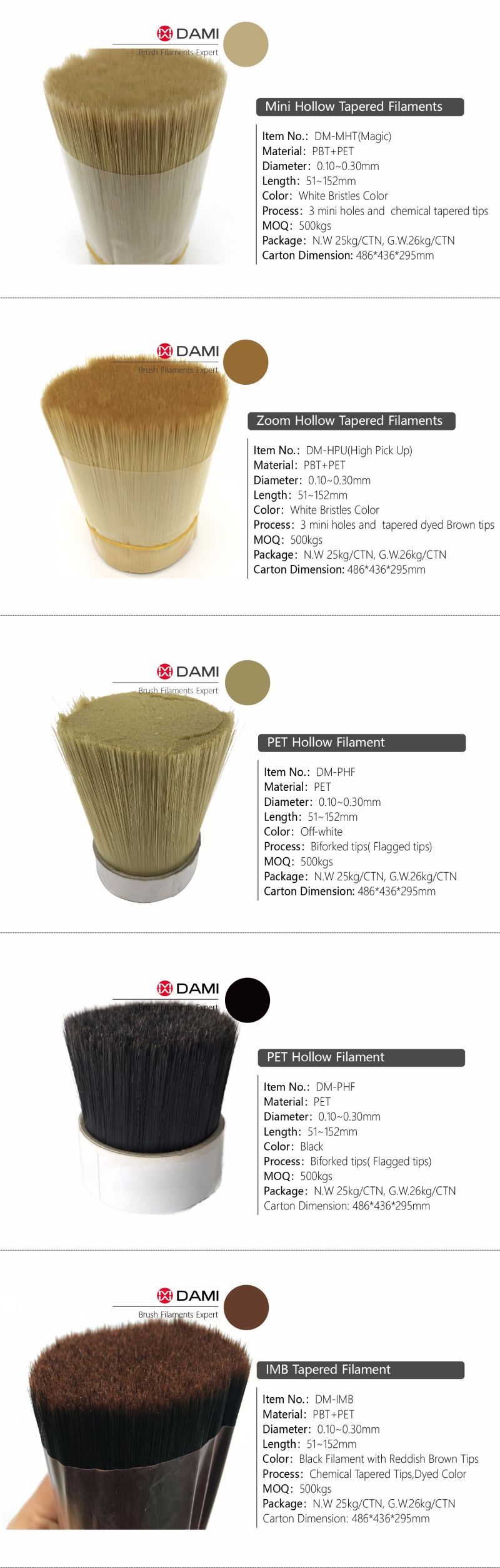 White and Brown Mixed PBT Sollid Tapered Filaments for Paint Brushes