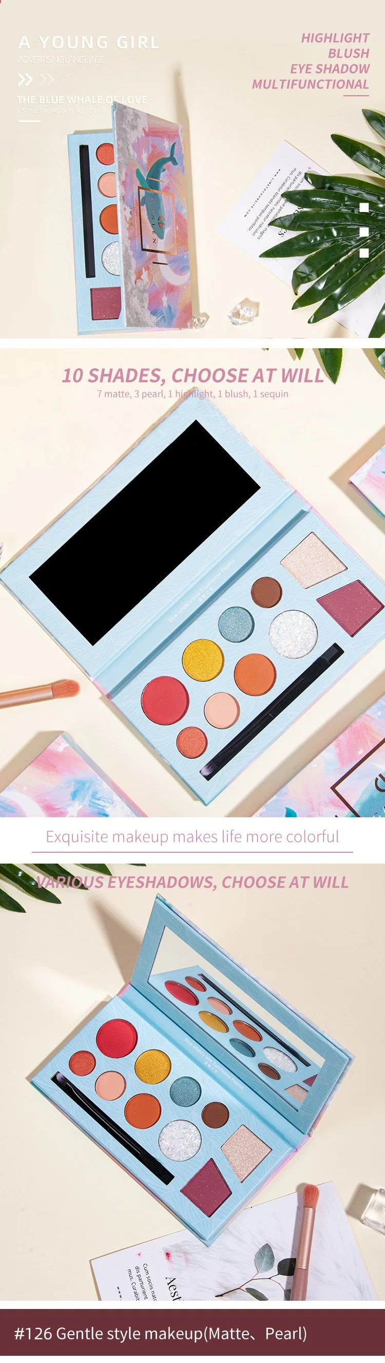 New 10-Color Portable Sequins Pearly Matte Eye Shadow Highlight Blush All-in-One Makeup Palette