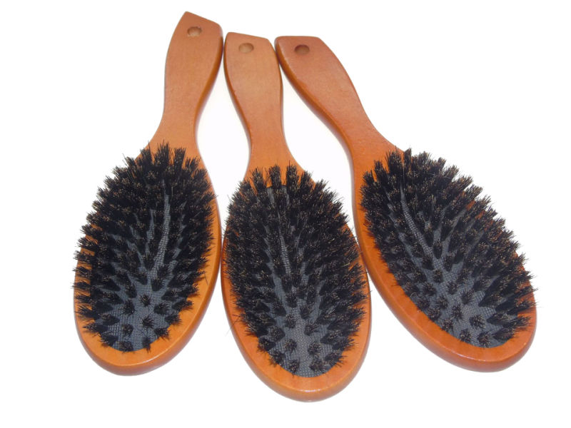 Brown Wooden Handle Paddle Brush, 100% Natural Boar Bristle Hair Brush