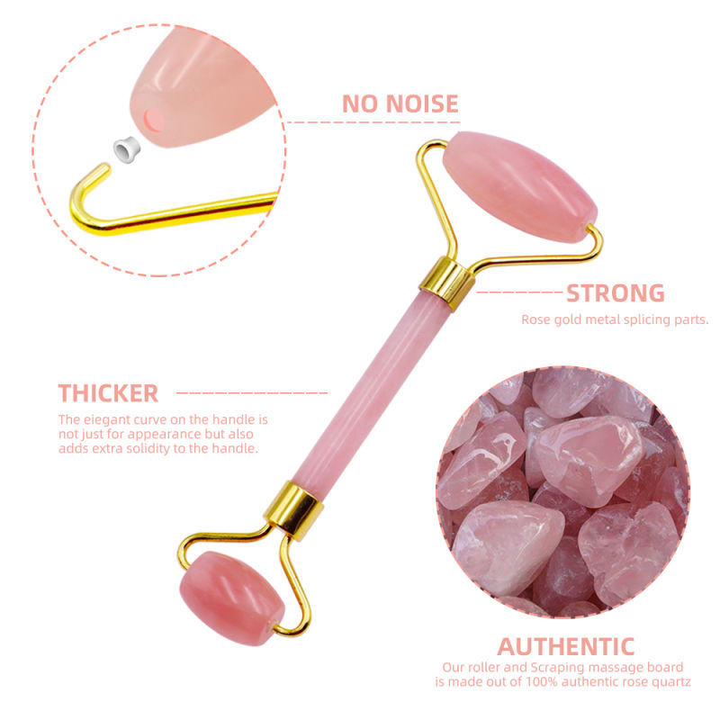 Premium Face Massage Vibrating Rose Quartz Pink Jade Roller Gua Sha Set
