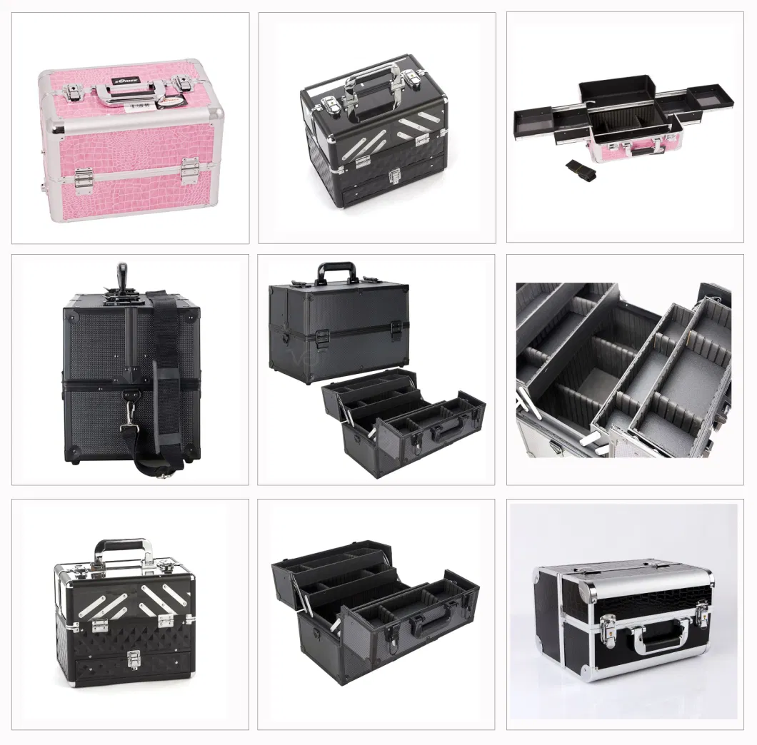 Logo Print Muti-Function Makeup Train Case Professional Aluminum with 6 Tier Tray and Brush Holder