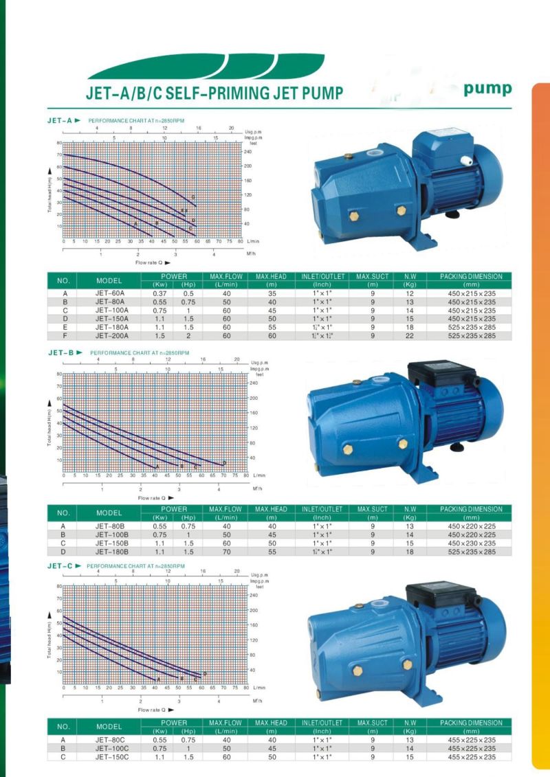 Jet100 Self Priming Pump High Head Electric Water Pump (0.75kw/1HP)