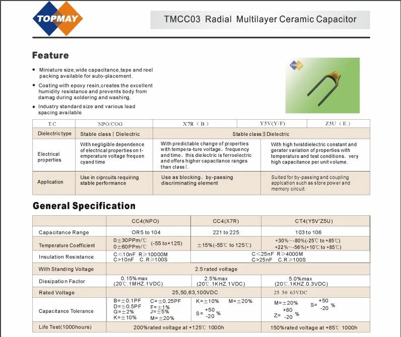 50V 100V Radial Type Multilayer Ceramic Capacitor Tmcc03