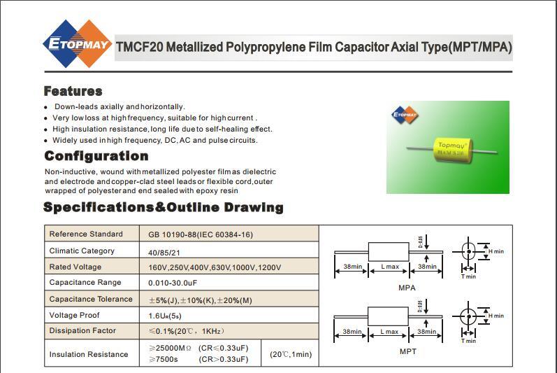 Cbb20 250V 400V 630V 1000V Axial Polypropylene Capacitor Tmcf20