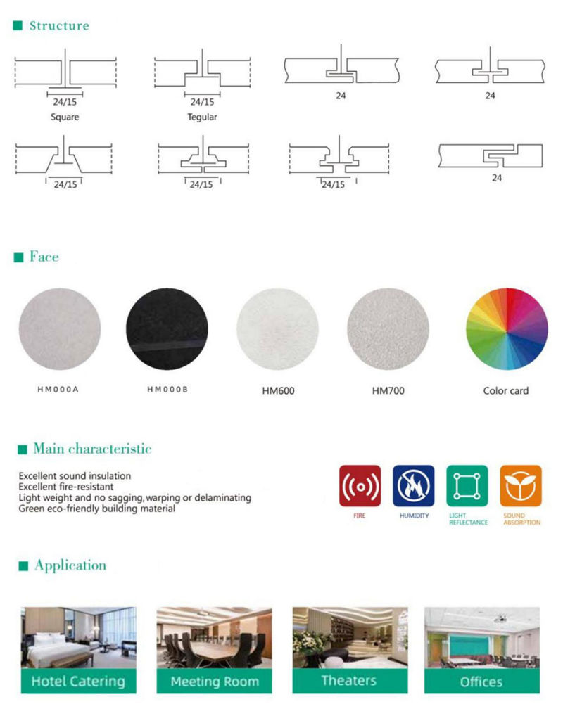 Green Eco-Friendly Building Material Fiberglass Ceiling Tile for Building Material