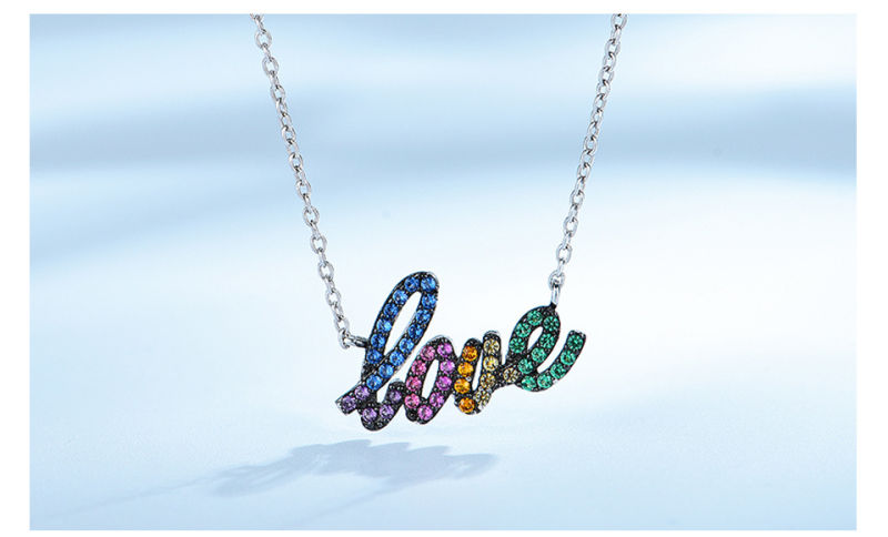 Rainbow Cubic Zirconia Love Necklace 925 Silver Fashion Jewelry