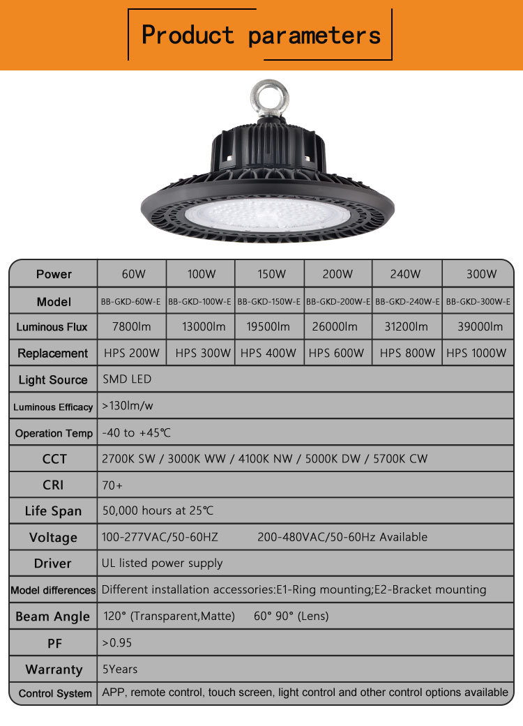 Factory Custom IP65 Industrial 200W UFO LED Industrial High Bay Light