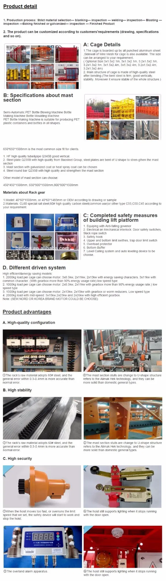 Building Construction Hoist/Construction Material Elevator/Construction Lift with Ce, BV