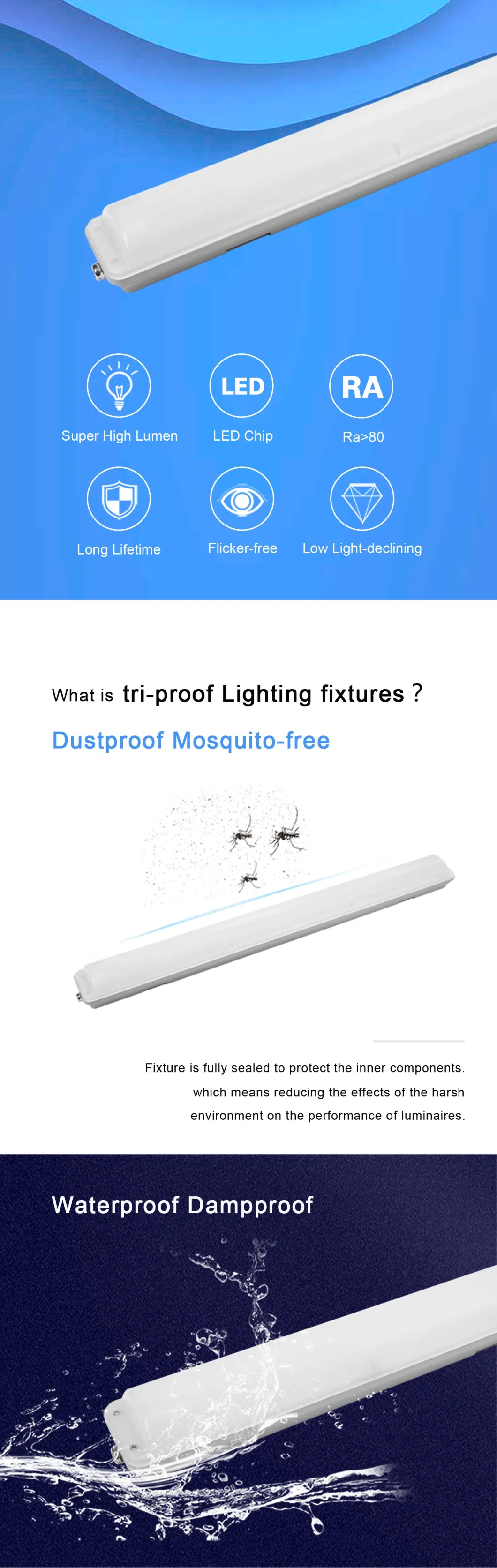 Factory Price Aluminum Base LED Batten Light Linear Light IP66 Ik10 Triproof LED