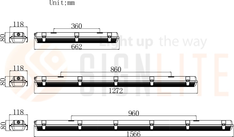 IP65 Vapour-Proof Fitting, LED Warehouse Lighting LED Tri-Proof Light 1200mm 20W-60W